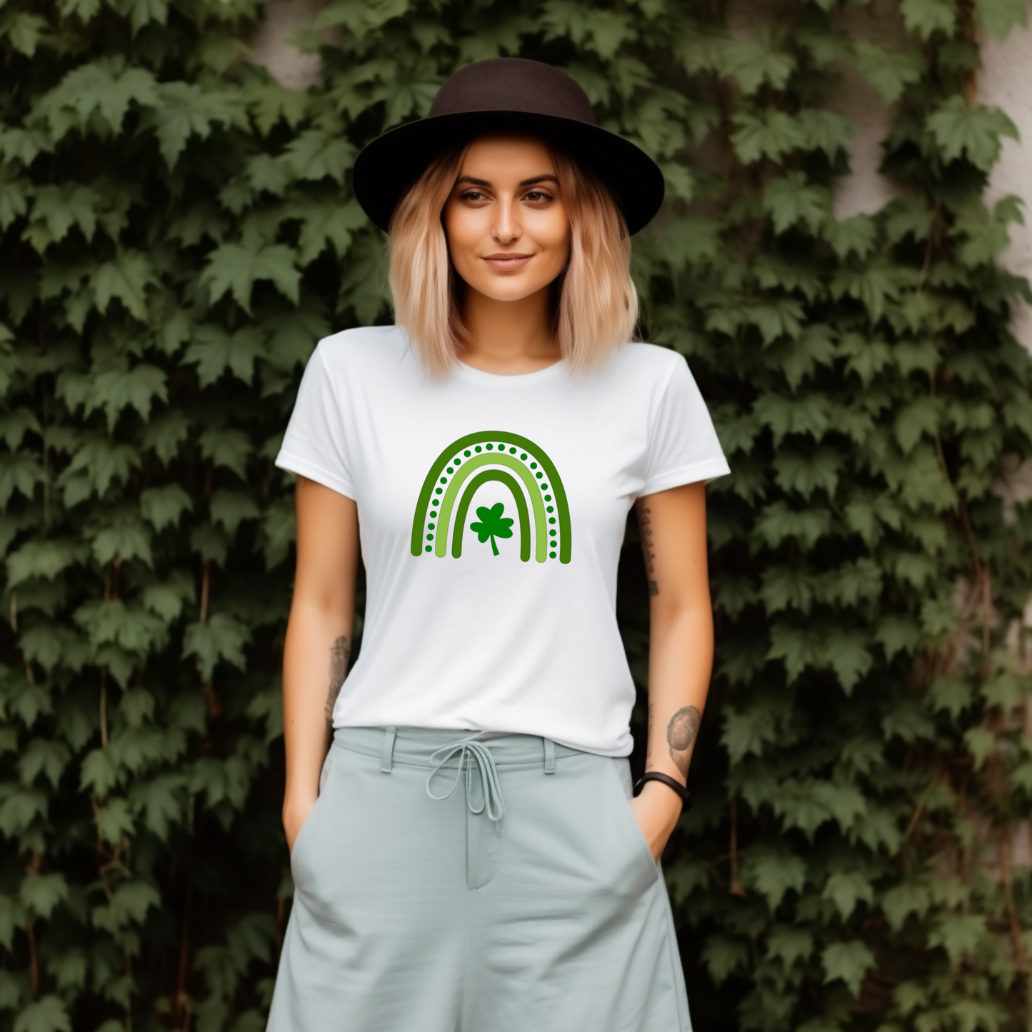 A stylized rainbow design with curved green stripes in varying shades, featuring a shamrock or clover at the center. The rainbow has dotted details between the arches, creating a festive St. Patrick's Day themed graphic.