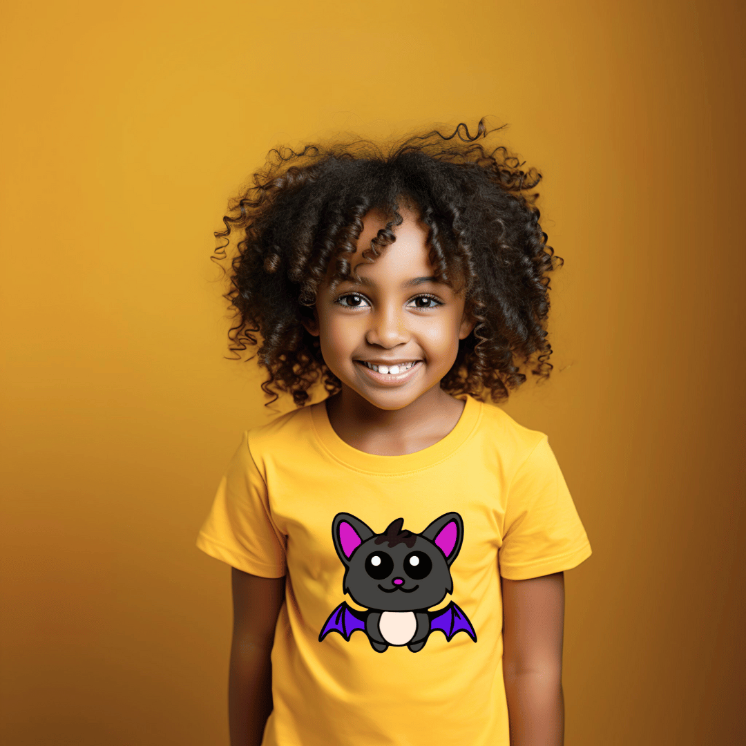 Child wearing a yellow t-shirt with a cartoon bat design on a mustard yellow background