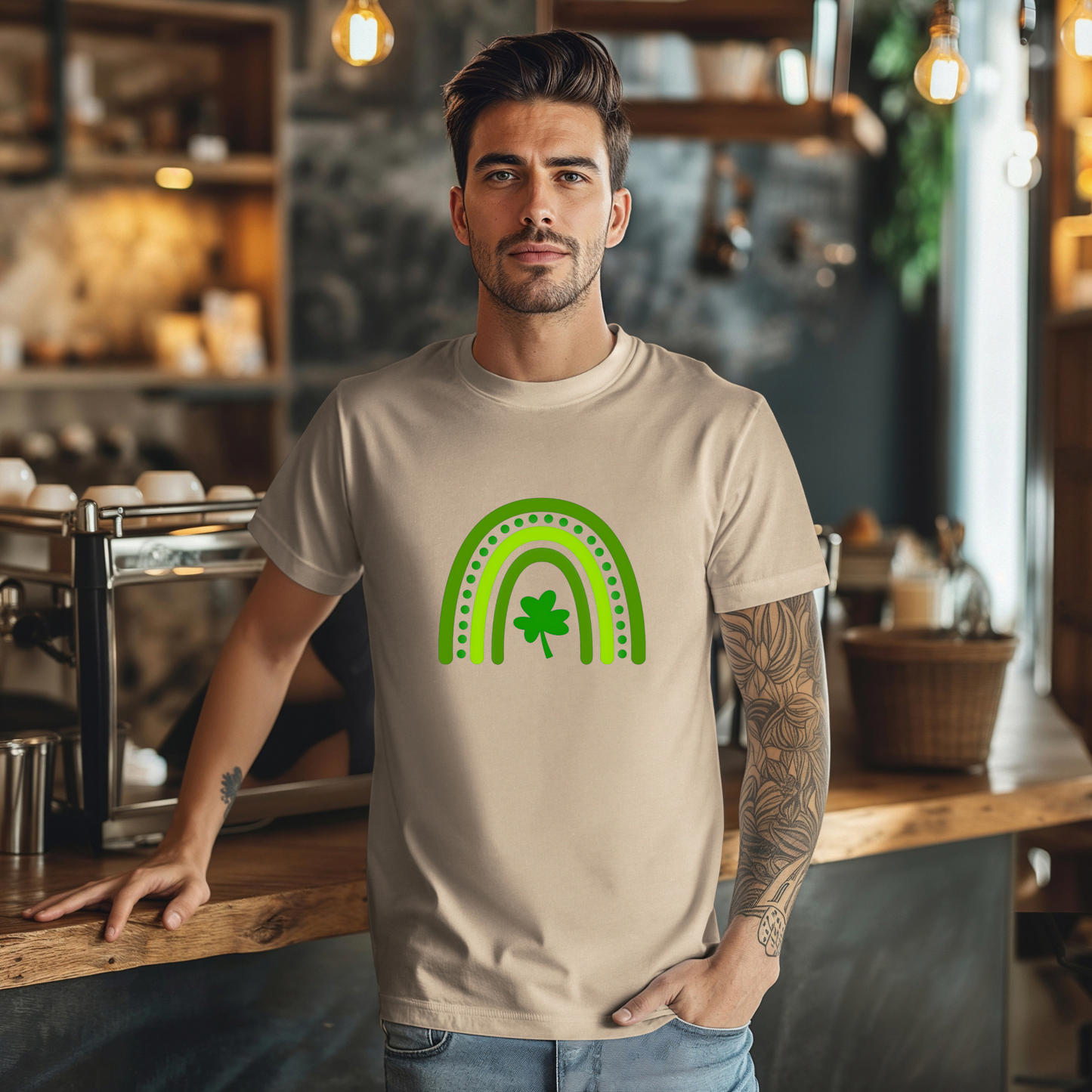 A stylized rainbow design with curved green stripes in varying shades, featuring a shamrock or clover at the center. The rainbow has dotted details between the arches, creating a festive St. Patrick's Day themed graphic.
