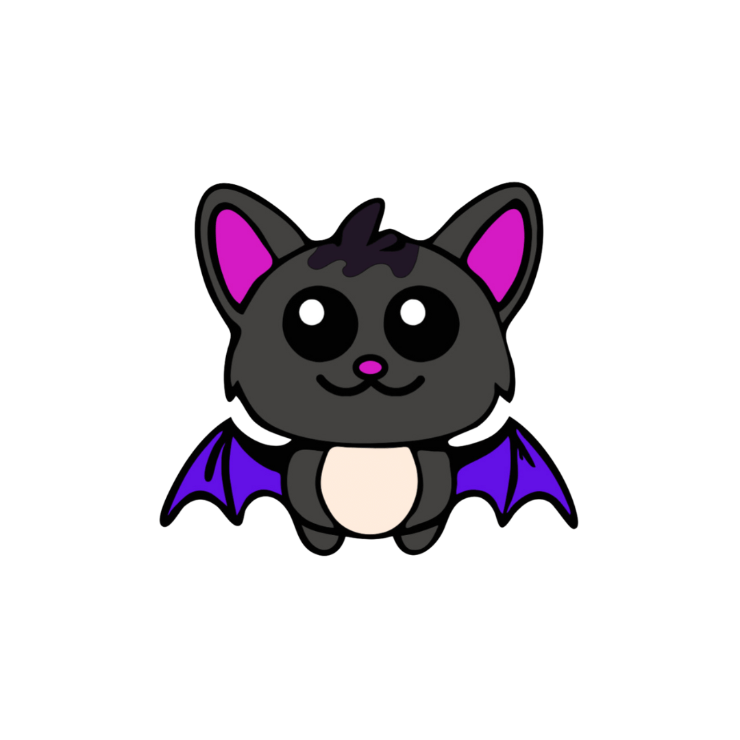 Cartoon bat with purple wings on a white background