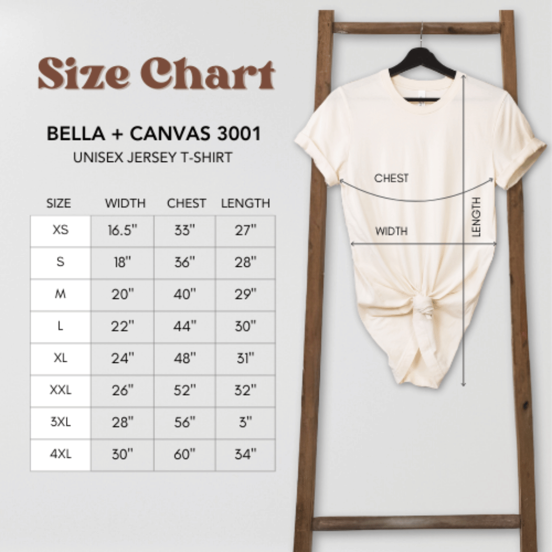 Size chart for Bella + Canvas 3001 t-shirt with a t-shirt on a hanger.