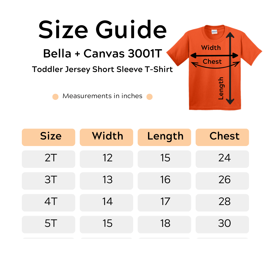 Size guide for Bella + Canvas 3001T toddler jersey short sleeve t-shirt with an orange shirt on a white background.
