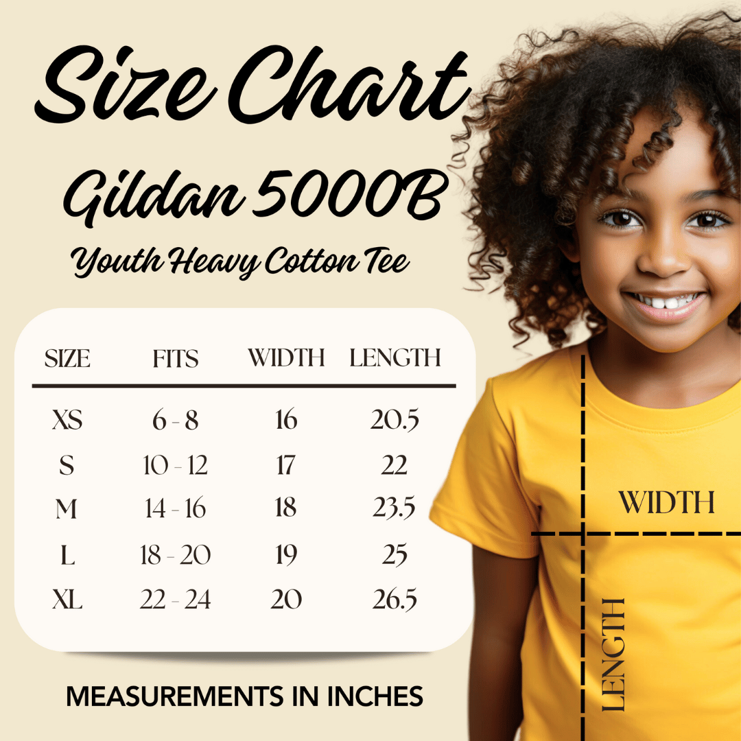 Size chart for Gildan 5000B Youth Heavy Cotton Tee with a child wearing a yellow shirt.