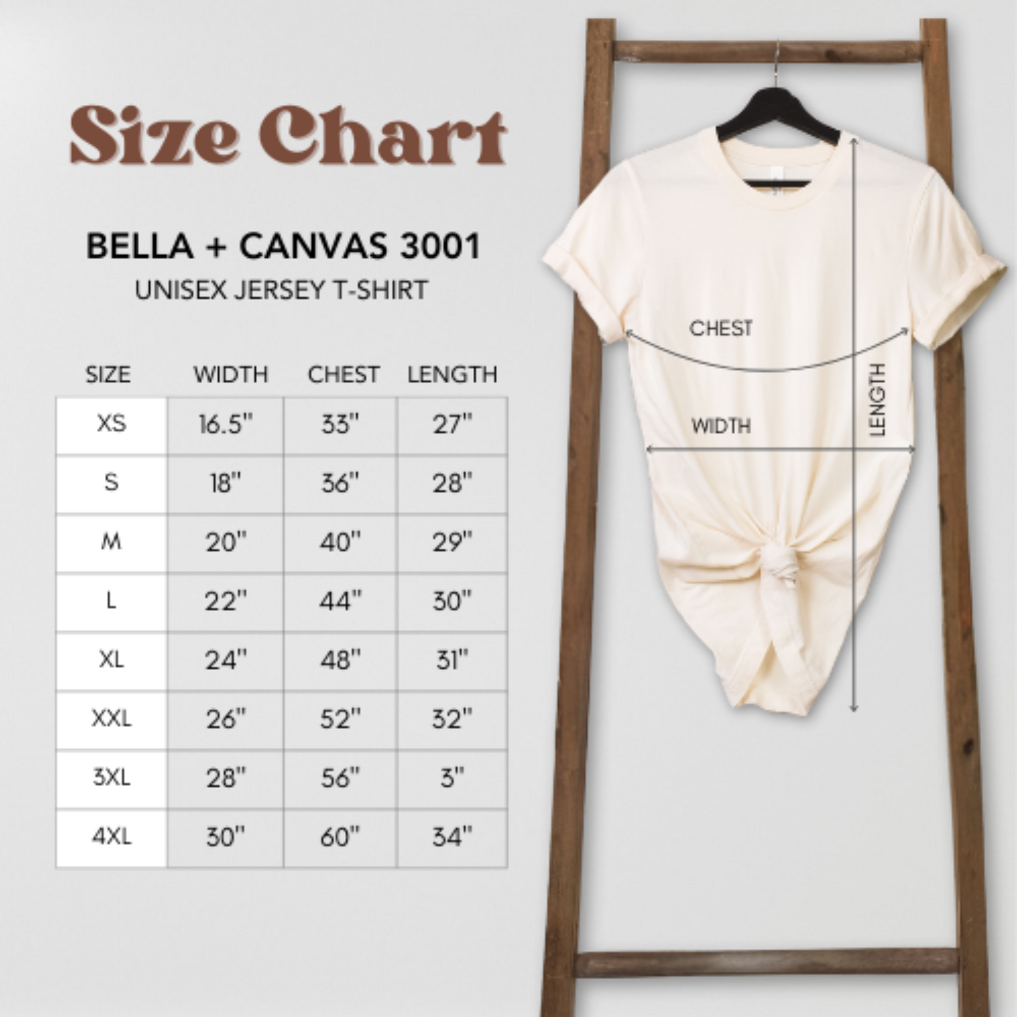 Size Chart for Bella + Canvas 3001