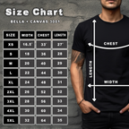 Size chart for Bella + Canvas 3001 t-shirts with a person wearing a black t-shirt.