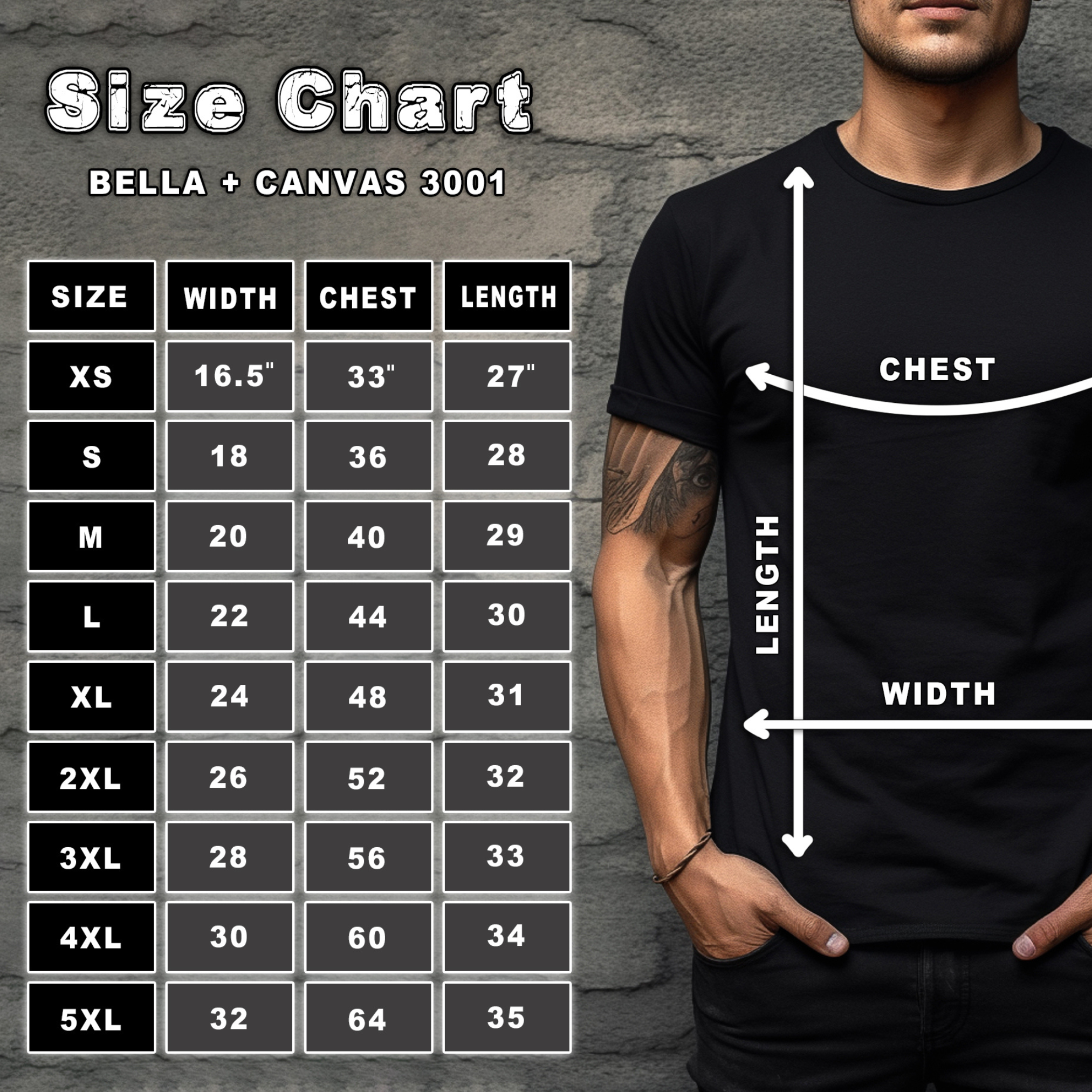 Size chart for Bella + Canvas 3001 t-shirts with a person wearing a black t-shirt.