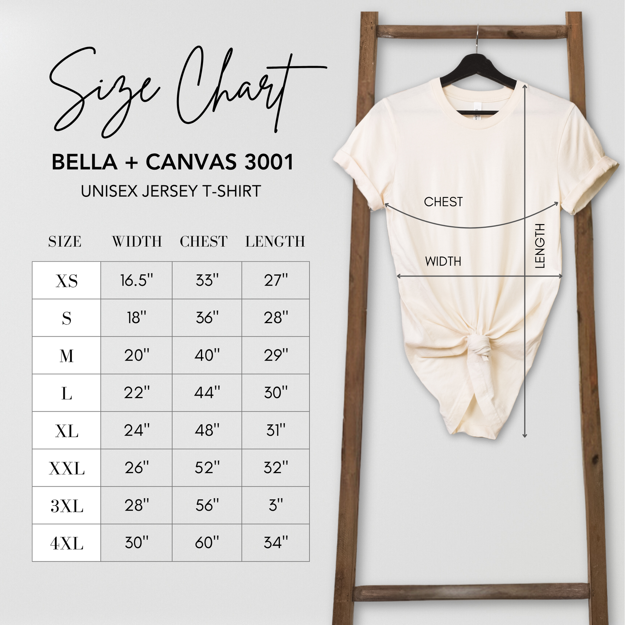 Size chart for Bella + Canvas 3001 t-shirt with a white t-shirt on a wooden rack.