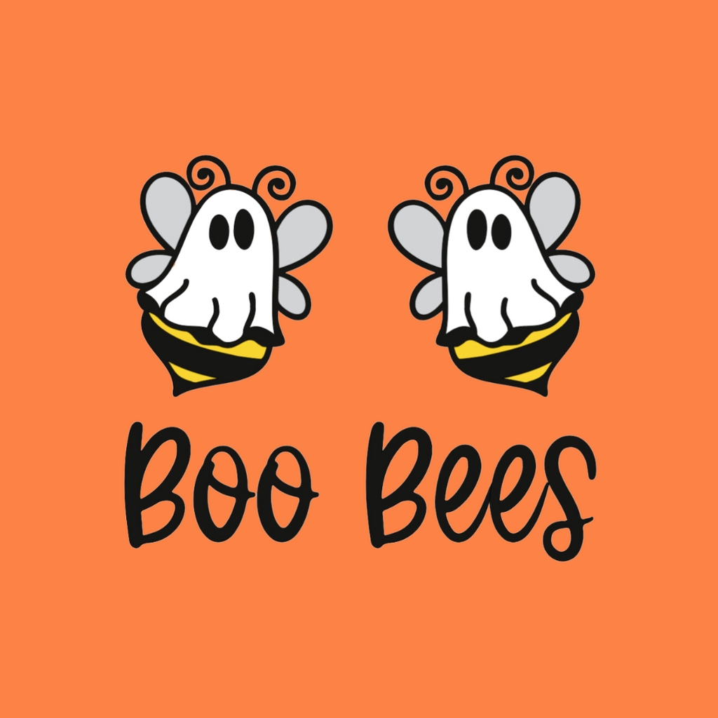 Two ghost-like bee illustrations with 'Boo Bees' text on an orange background