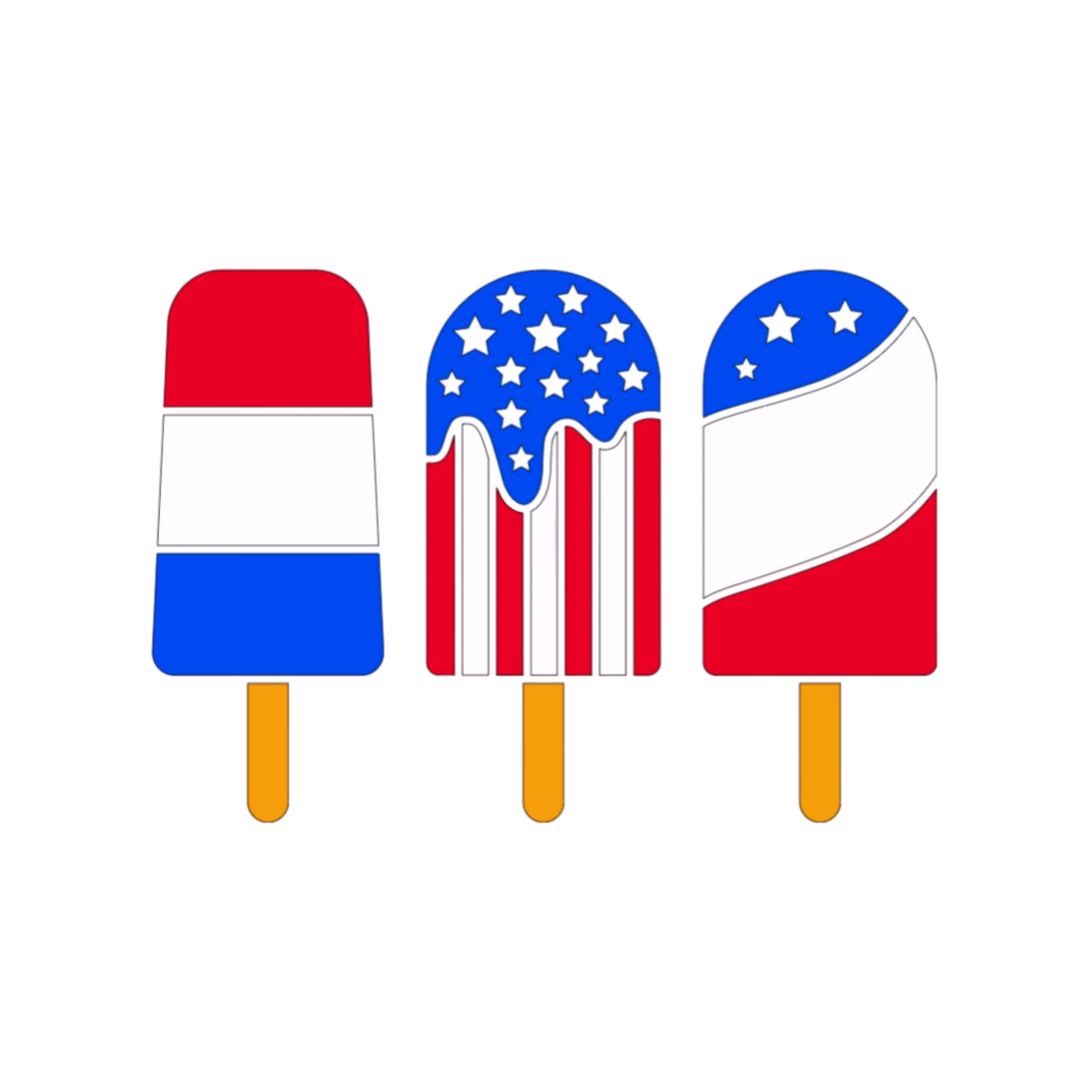 Three popsicles with red, white, and blue colors on a white background
