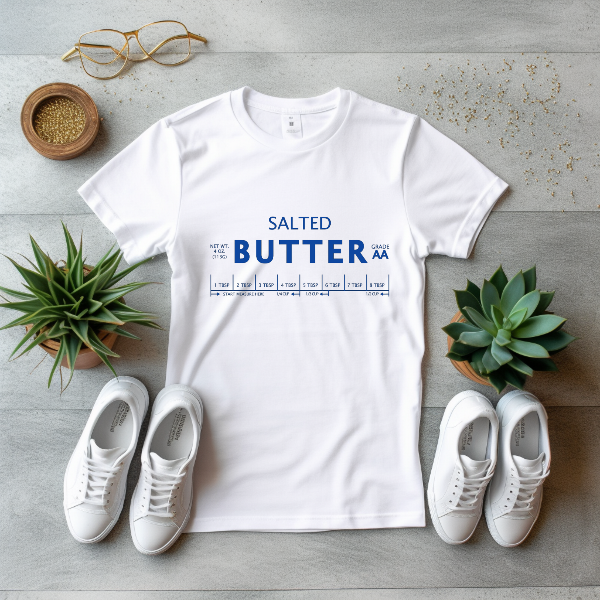 Salted Butter Label Shirt on a White Shirt