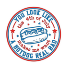 Circular graphic with a hotdog illustration and text about the 4th of July on a white background.