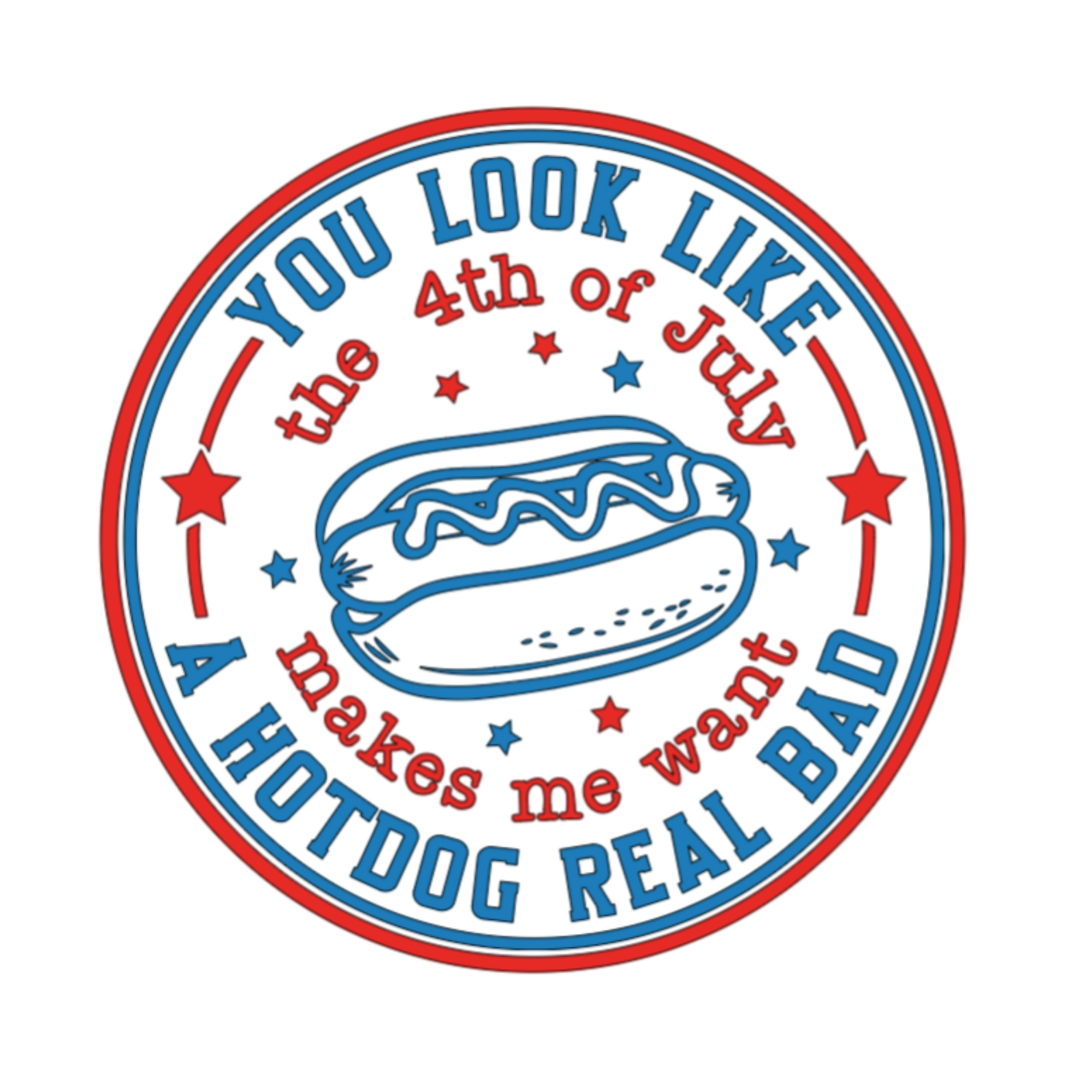 Circular graphic with a hotdog illustration and text about the 4th of July on a white background.