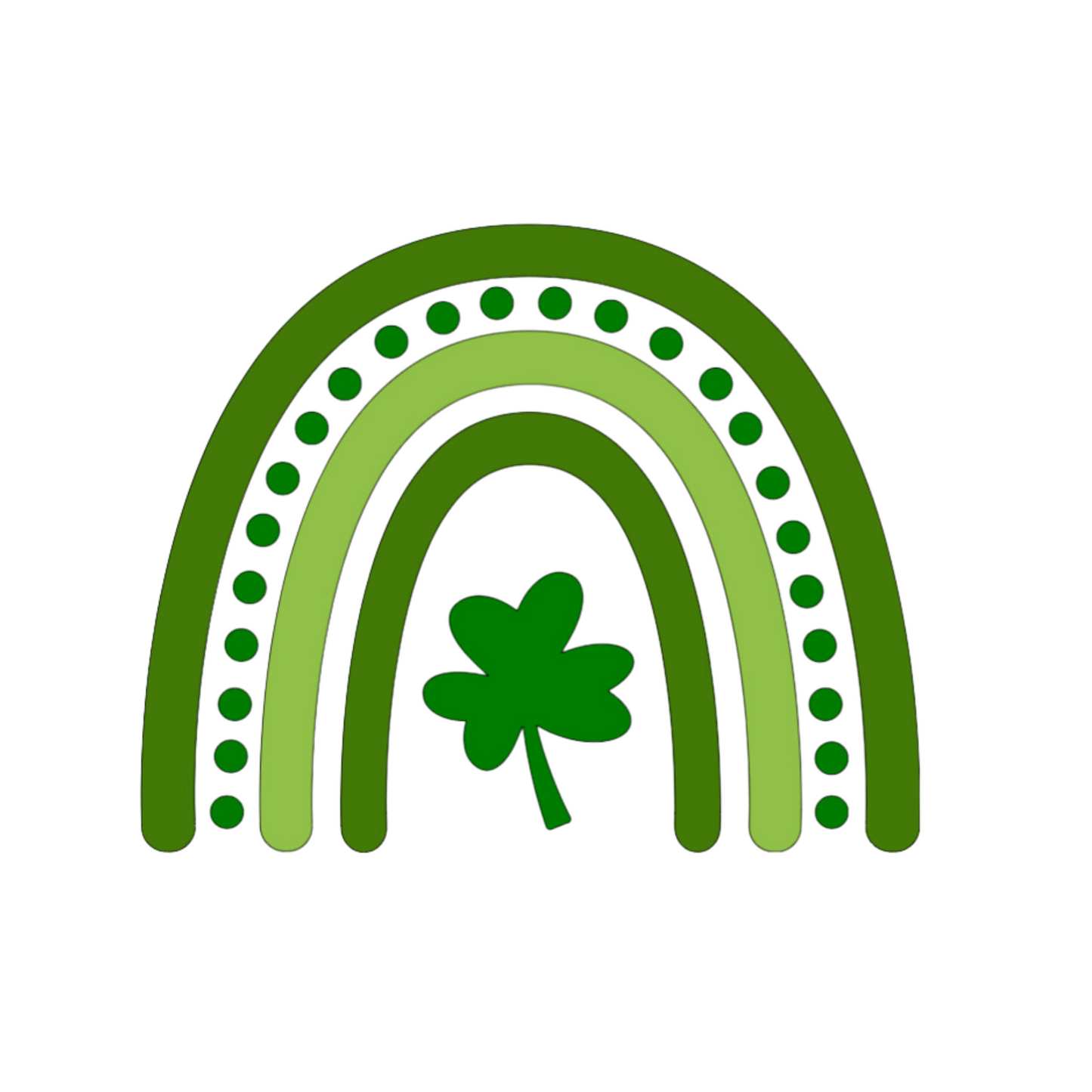 A stylized rainbow design with curved green stripes in varying shades, featuring a shamrock or clover at the center. The rainbow has dotted details between the arches, creating a festive St. Patrick's Day themed graphic.