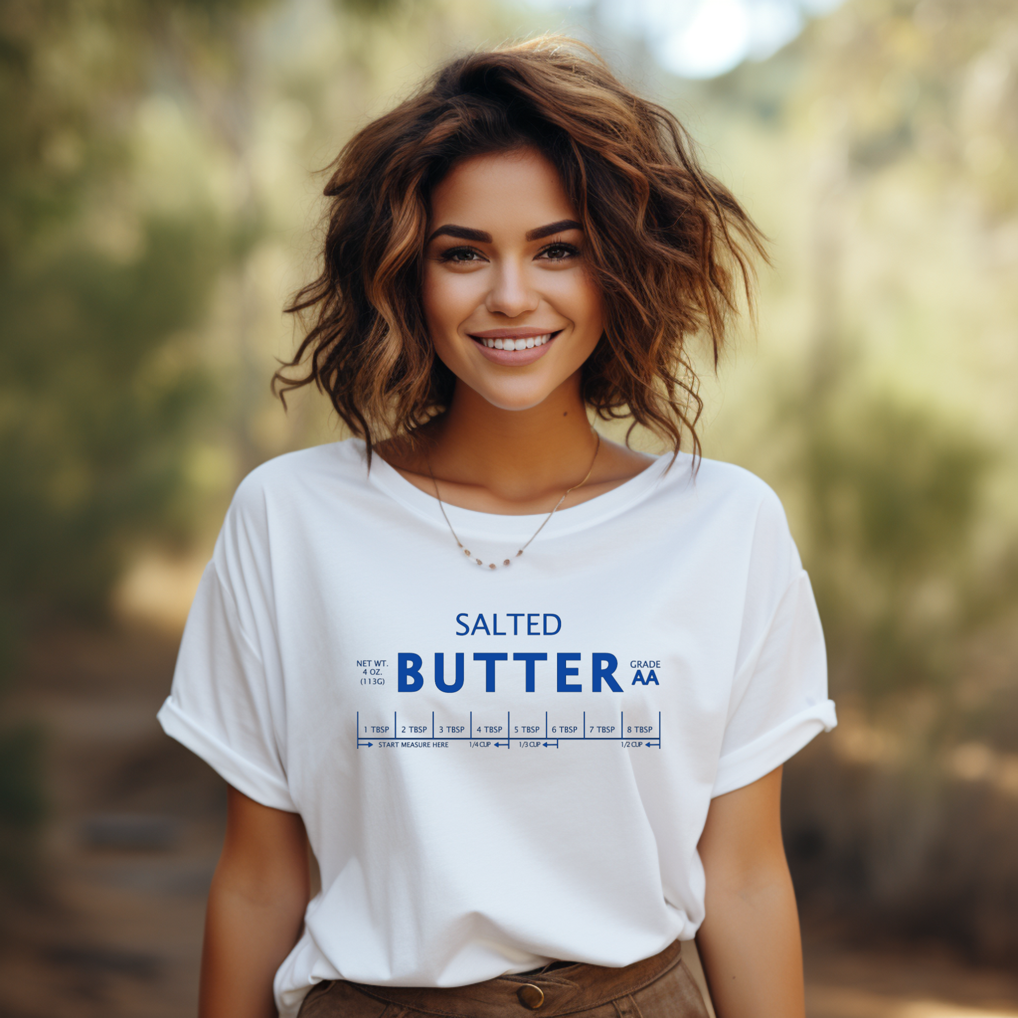 Salted Butter Label Shirt on a White Shirt