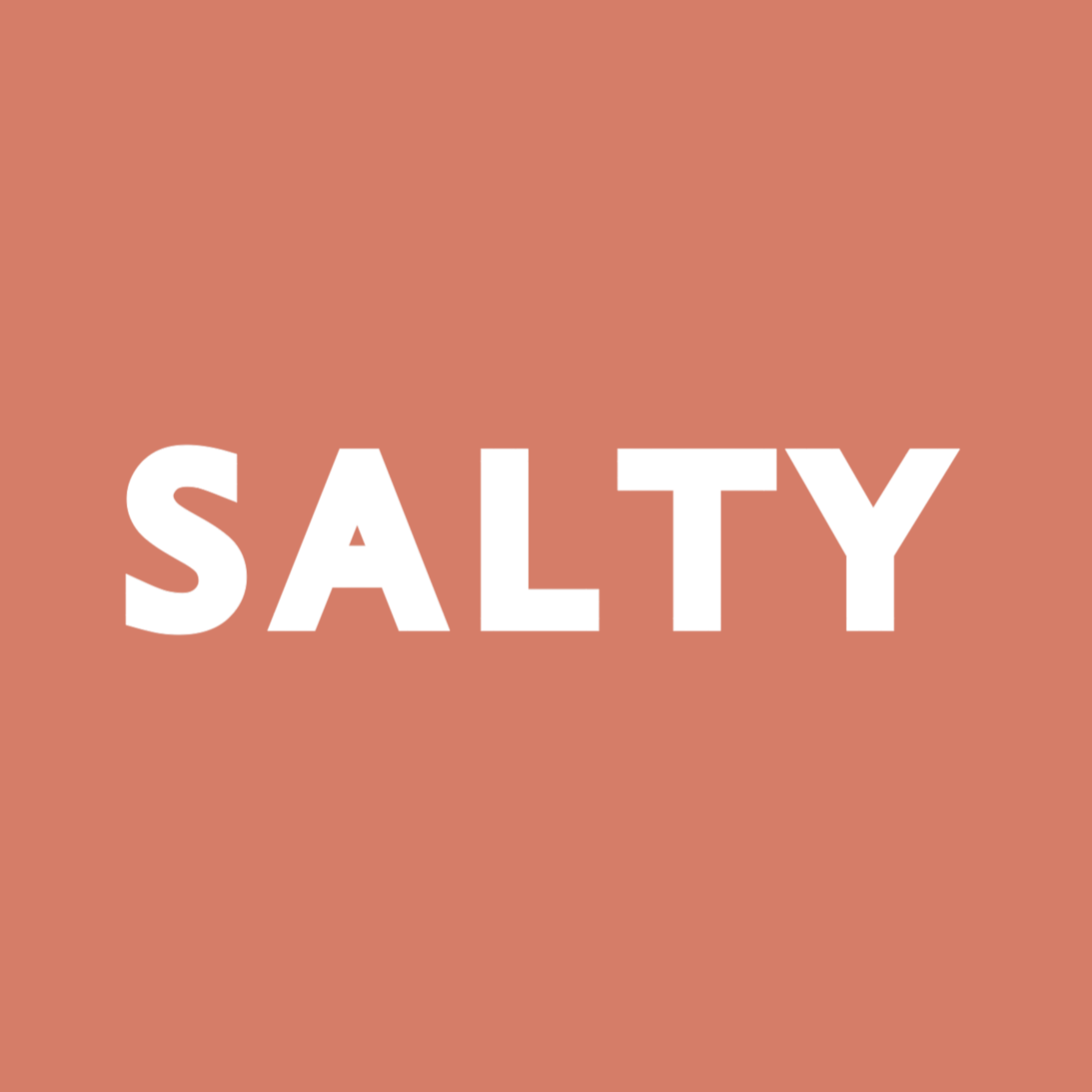 The word 'SALTY' in white letters on a coral colored background