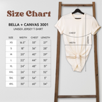 Size chart for Bella + Canvas 3001 t-shirt with a t-shirt on a hanger.
