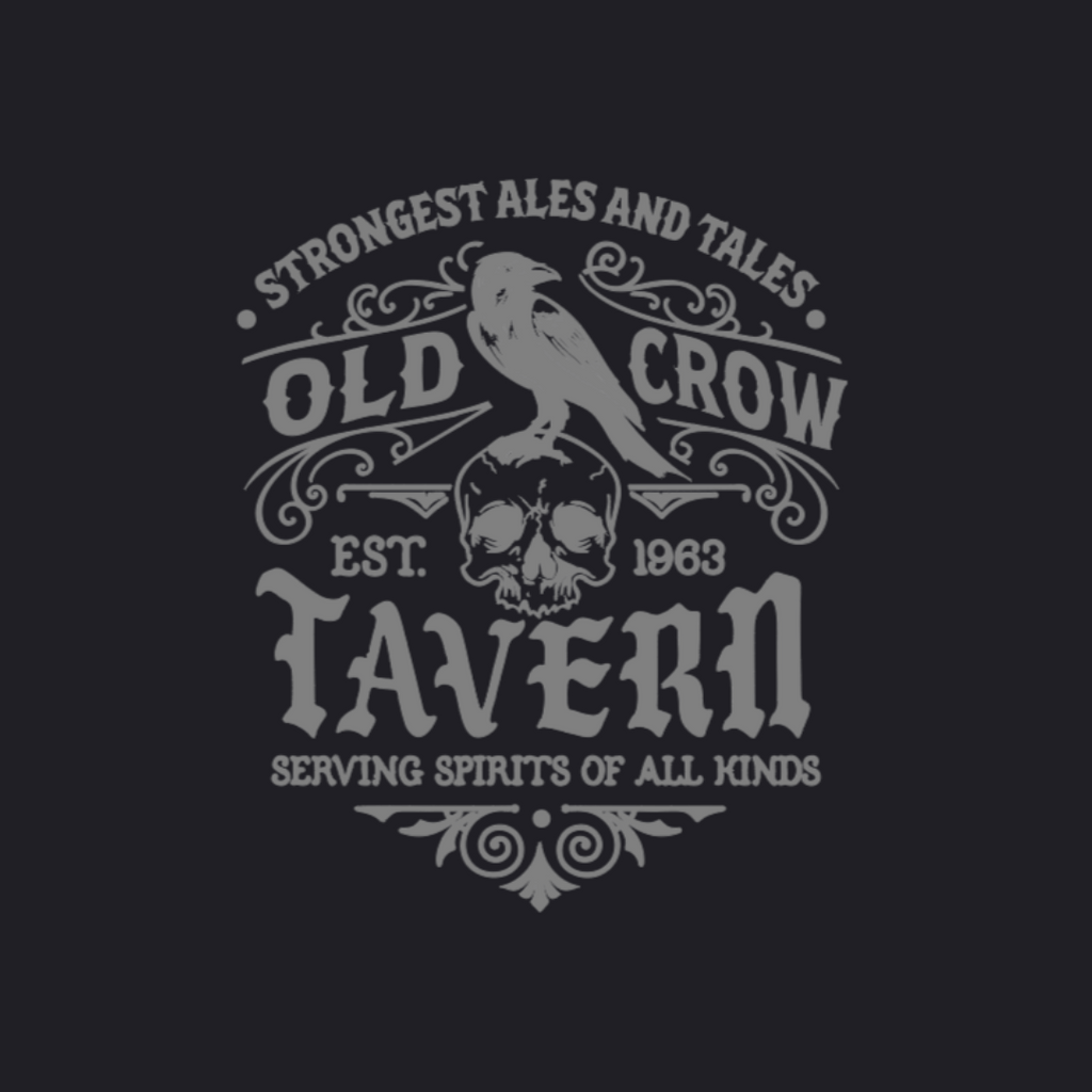 Vintage-style logo for Old Crow Tavern with a skull and crow on a black background