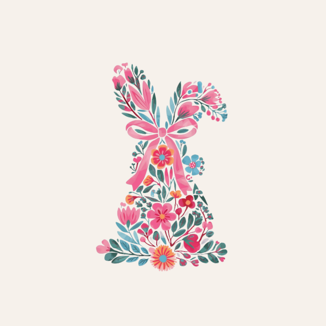 Floral design shaped like a rabbit with a pink bow on a cream colored background
