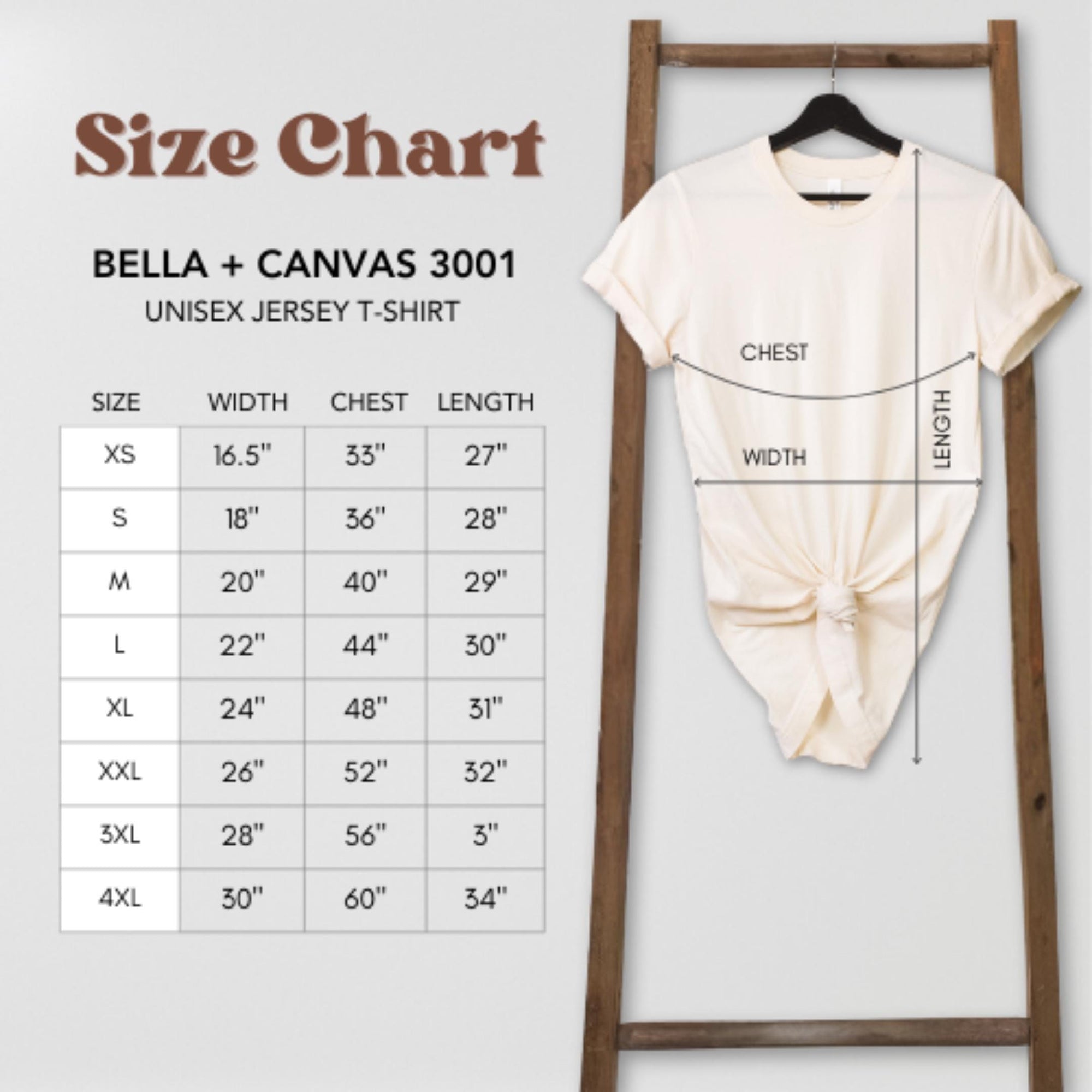 Size Chart for Bella and Canvas 3001 T-Shirt