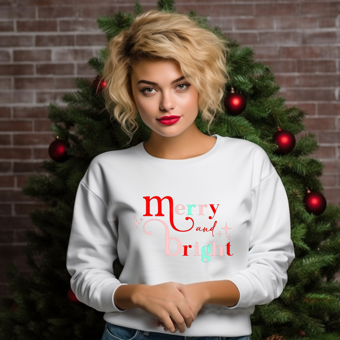 Merry and Bright Christmas Sweatshirt - Pastel Holiday Sweatshirt for Women | Festive and Cute Winter Top