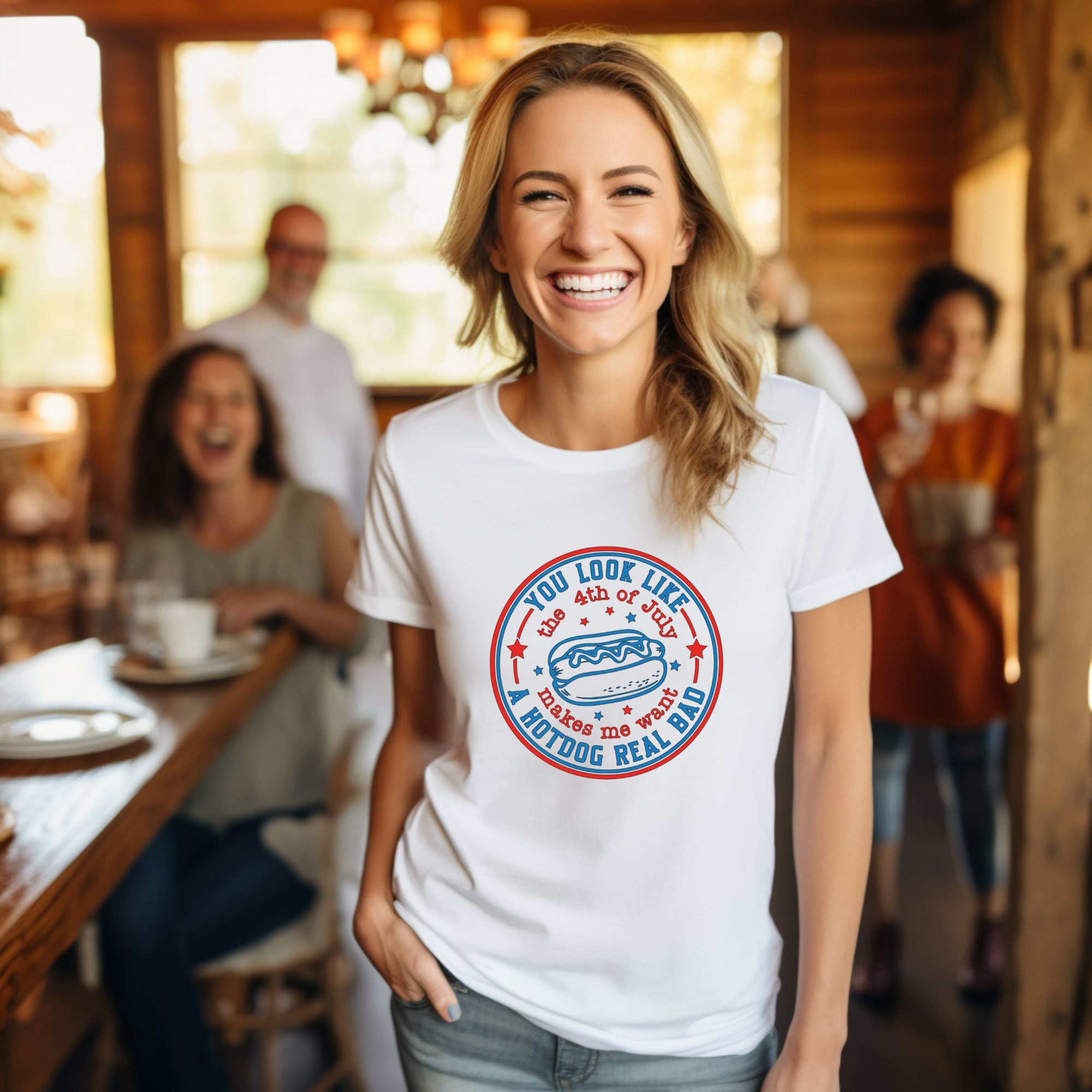 Woman wearing a white t-shirt with a graphic design in a casual setting