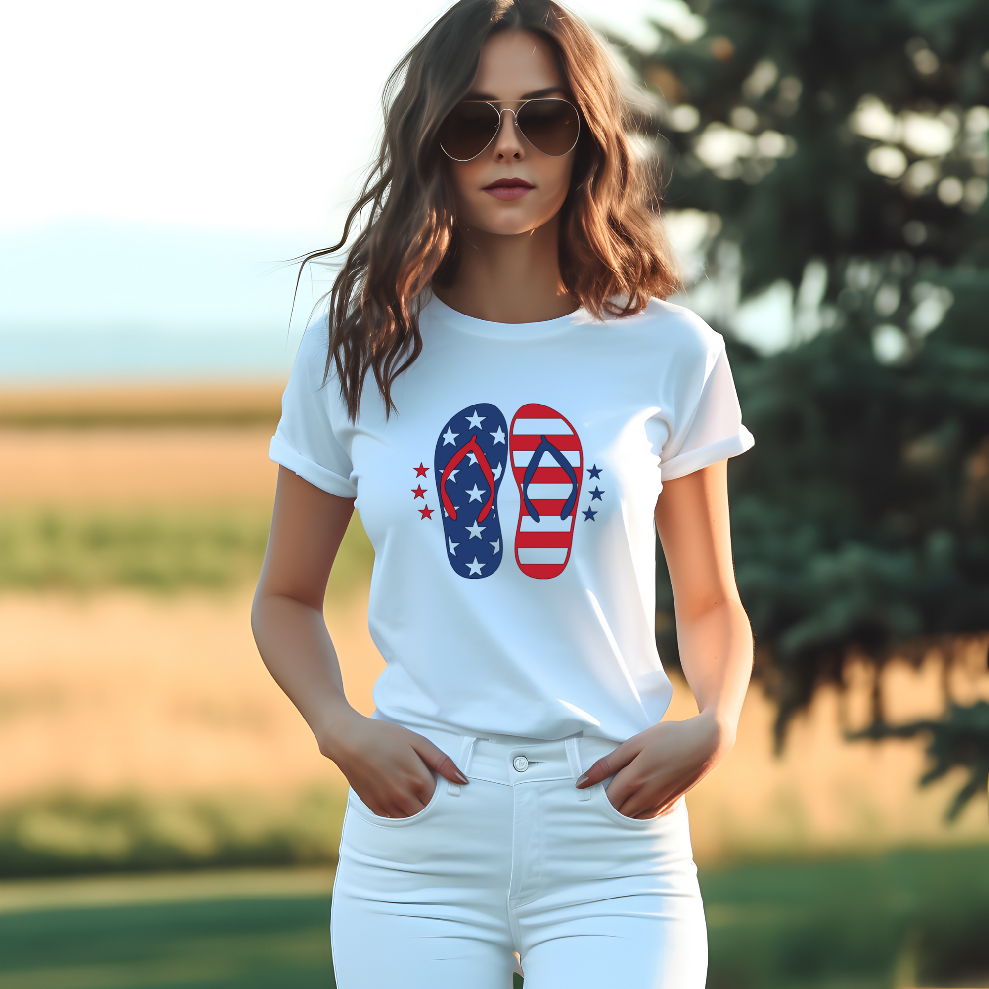 Woman wearing a white t-shirt with a graphic design outdoors