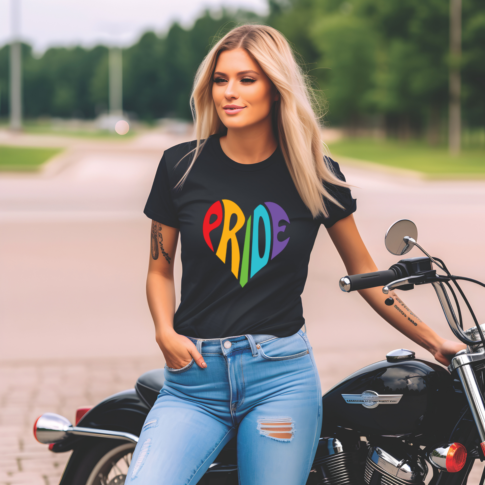 Woman wearing a black t-shirt with 'PRIDE' in colorful letters, standing next to a motorcycle.
