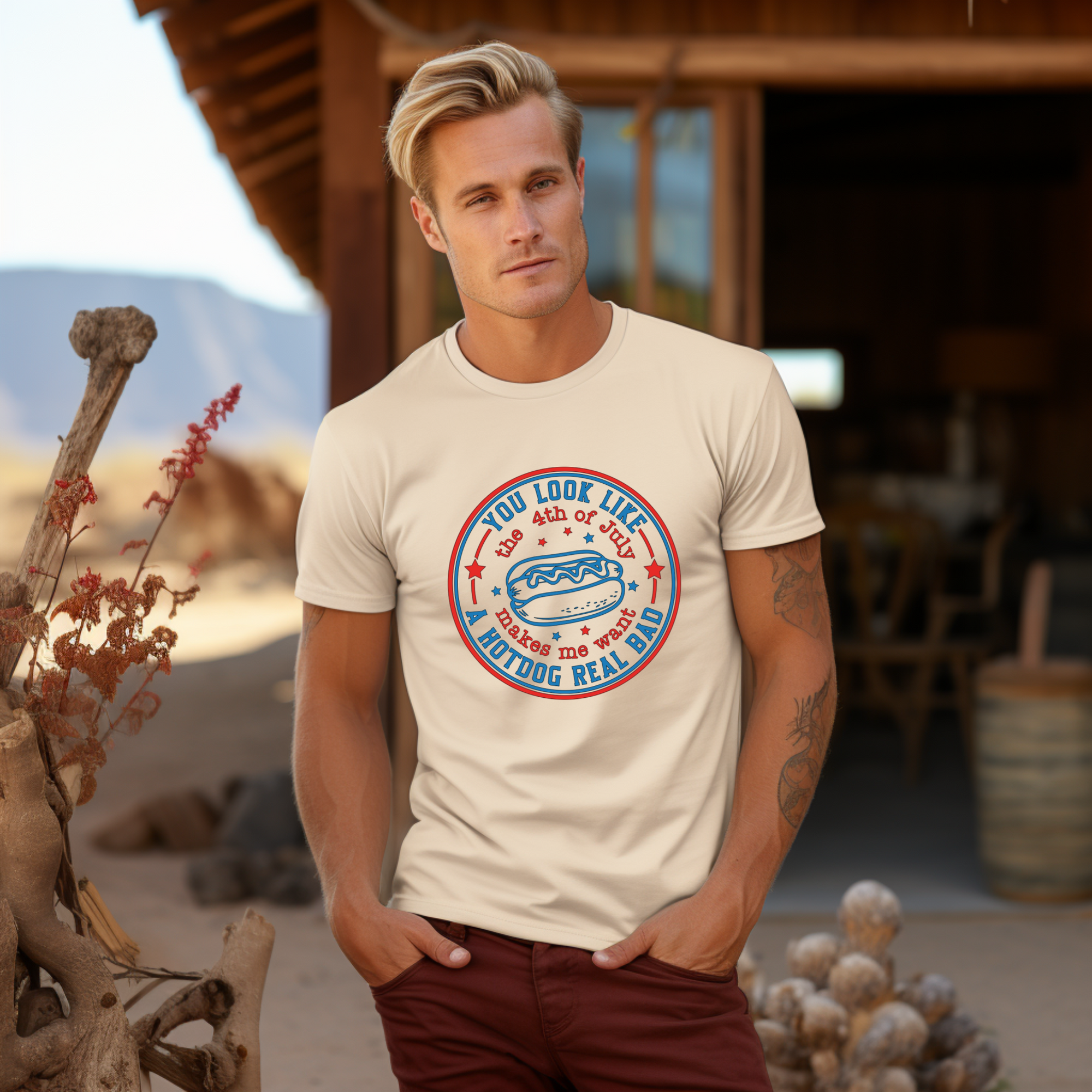 Man wearing a t-shirt with a graphic design outdoors
