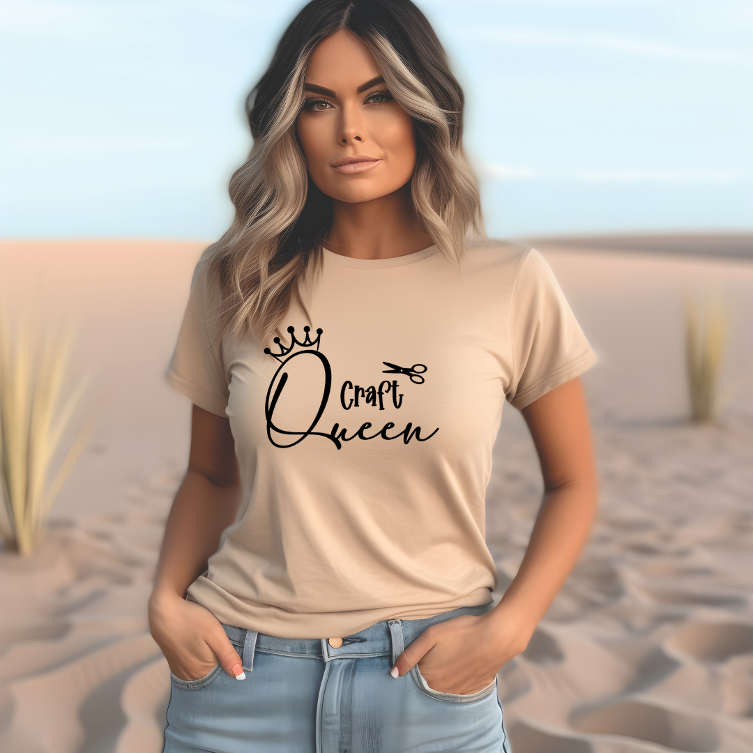 Woman wearing a beige t-shirt with 'Craft Queen' text in a desert setting