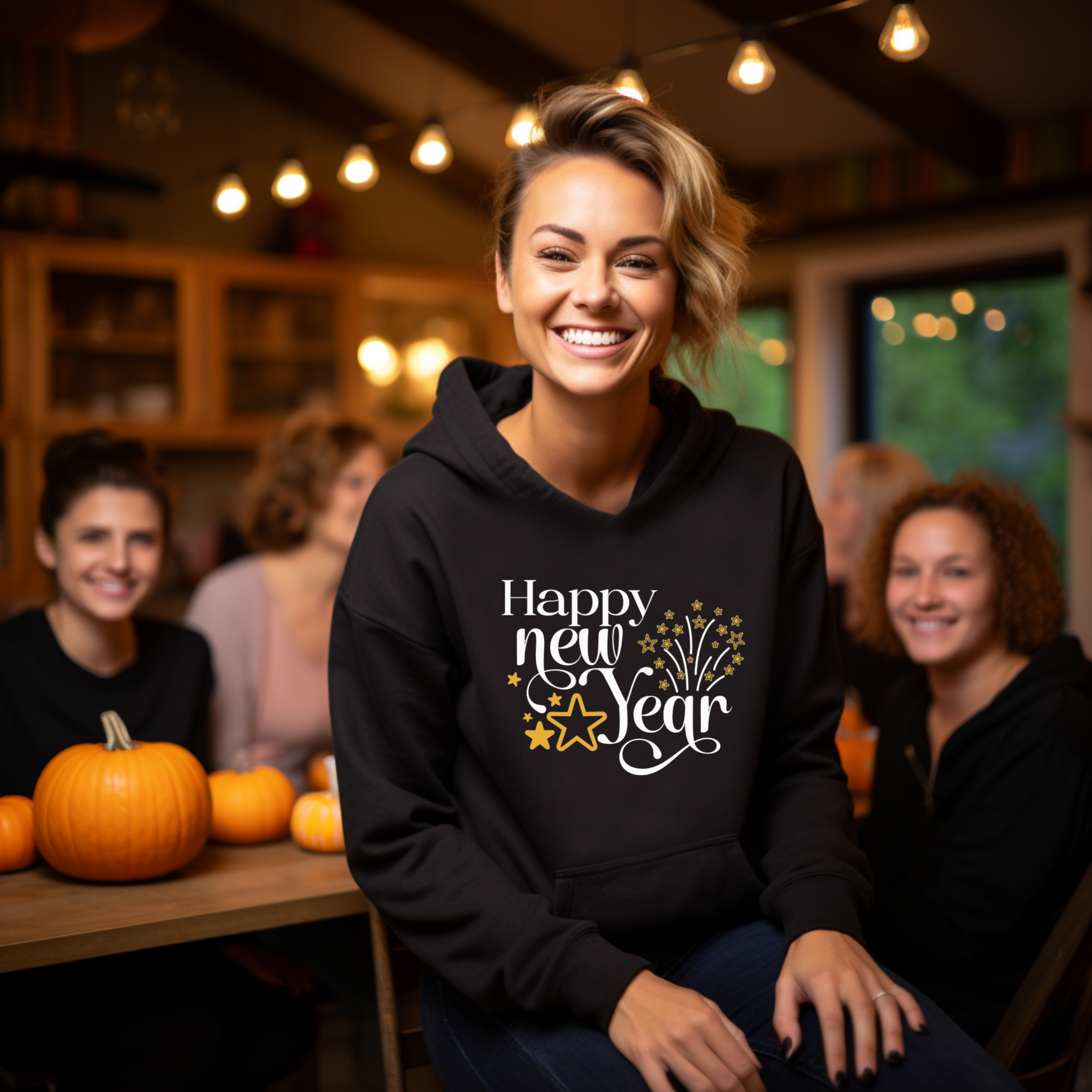 Happy New Year Hoodie with Gold Stars and Fireworks