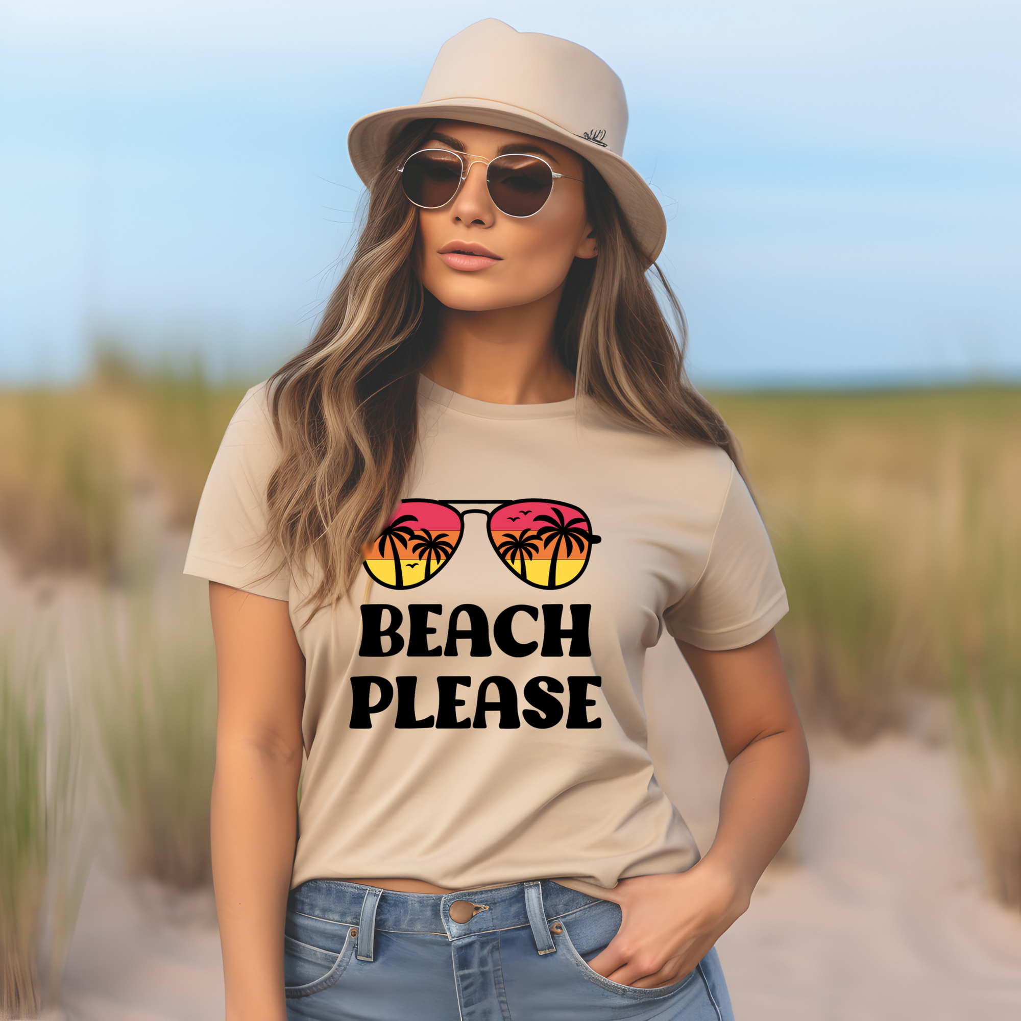 Beach Please T-Shirt with Sunglasses and Palm Trees