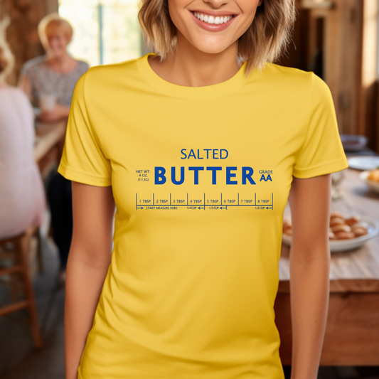 Salted Butter Label Shirt on a Yellow Shirt