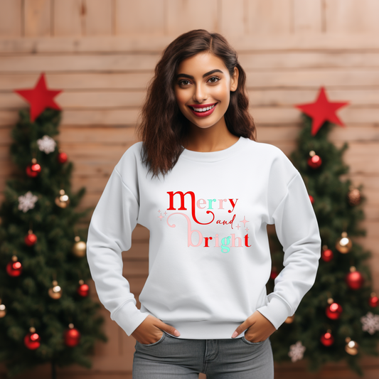Merry and Bright Christmas Sweatshirt - Pastel Holiday Sweatshirt for Women | Festive and Cute Winter Top