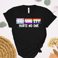 Black t-shirt with rainbow-colored equality message on a light background