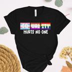 Black t-shirt with rainbow-colored equality message on a light background