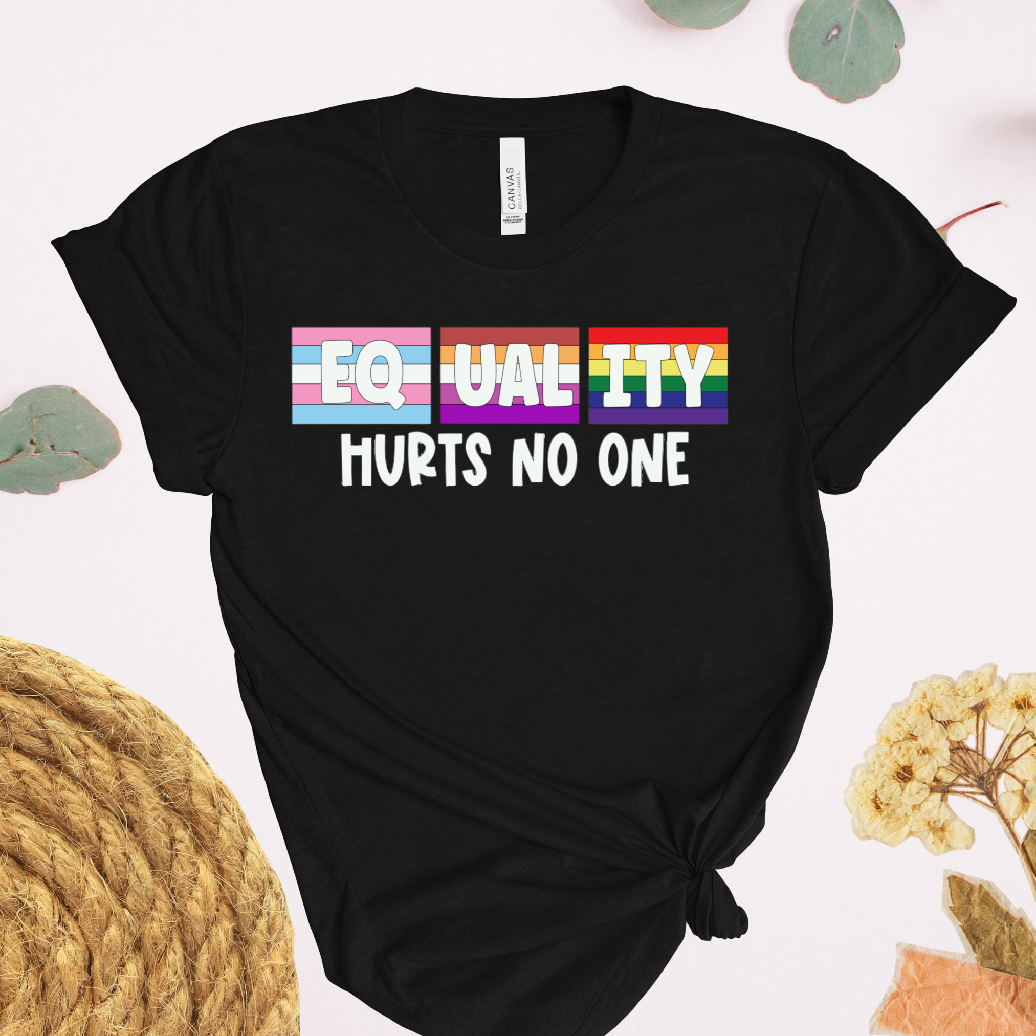 Black t-shirt with rainbow-colored equality message on a light background