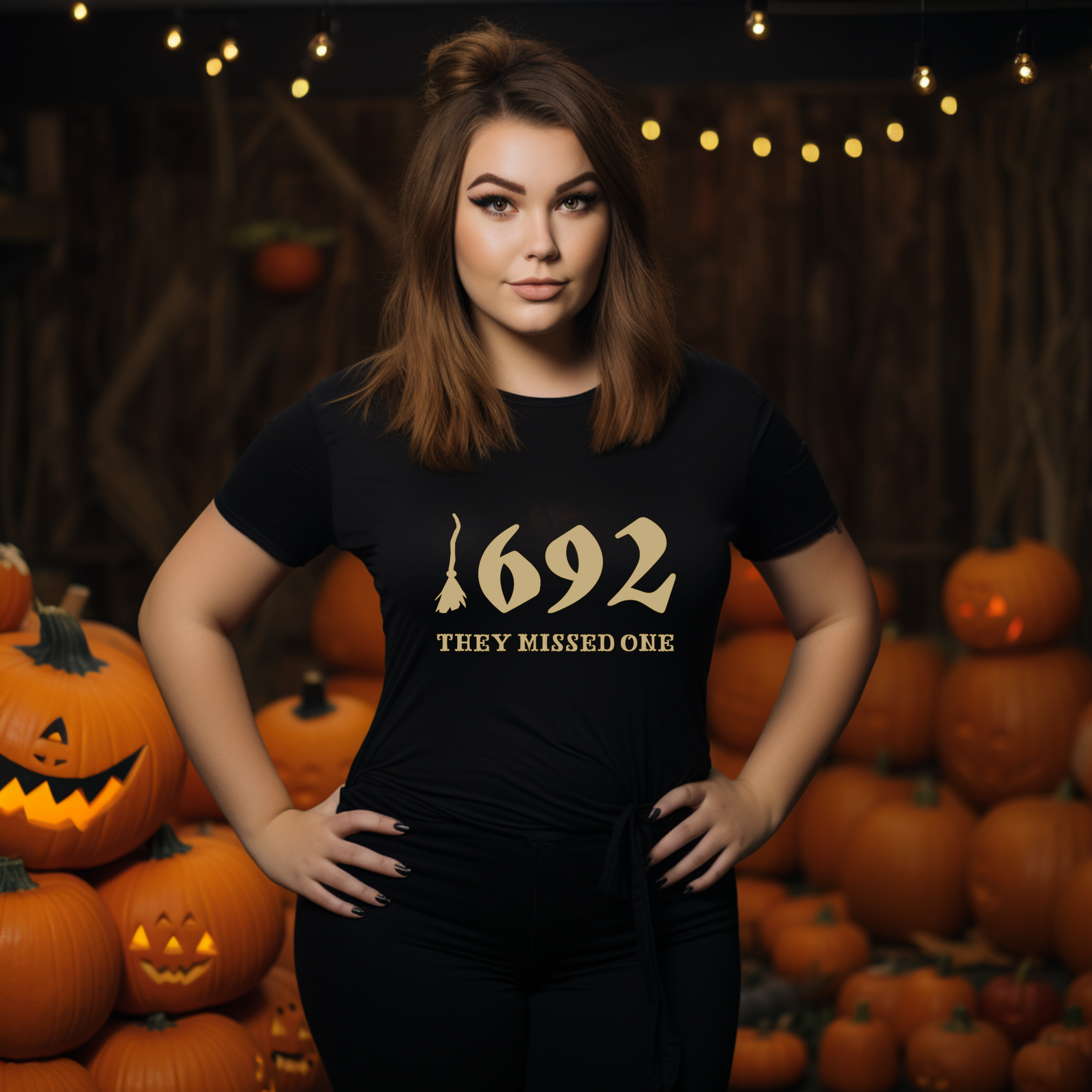 A person standing near jack-o-lanterns in a black t-shirt with the text '1692 THEY MISSED ONE' on it.