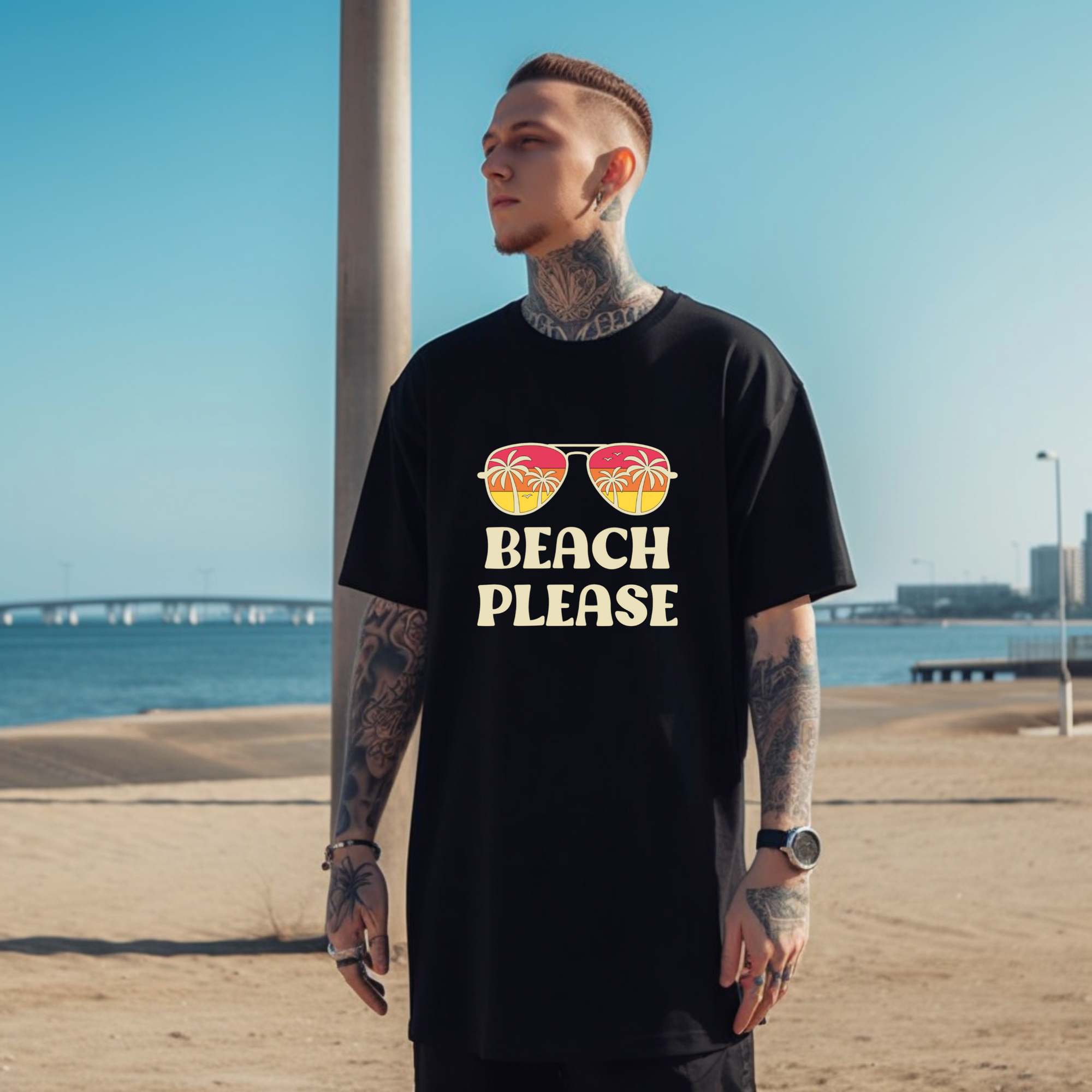 Beach Please T-Shirt with Sunglasses and Palm Trees