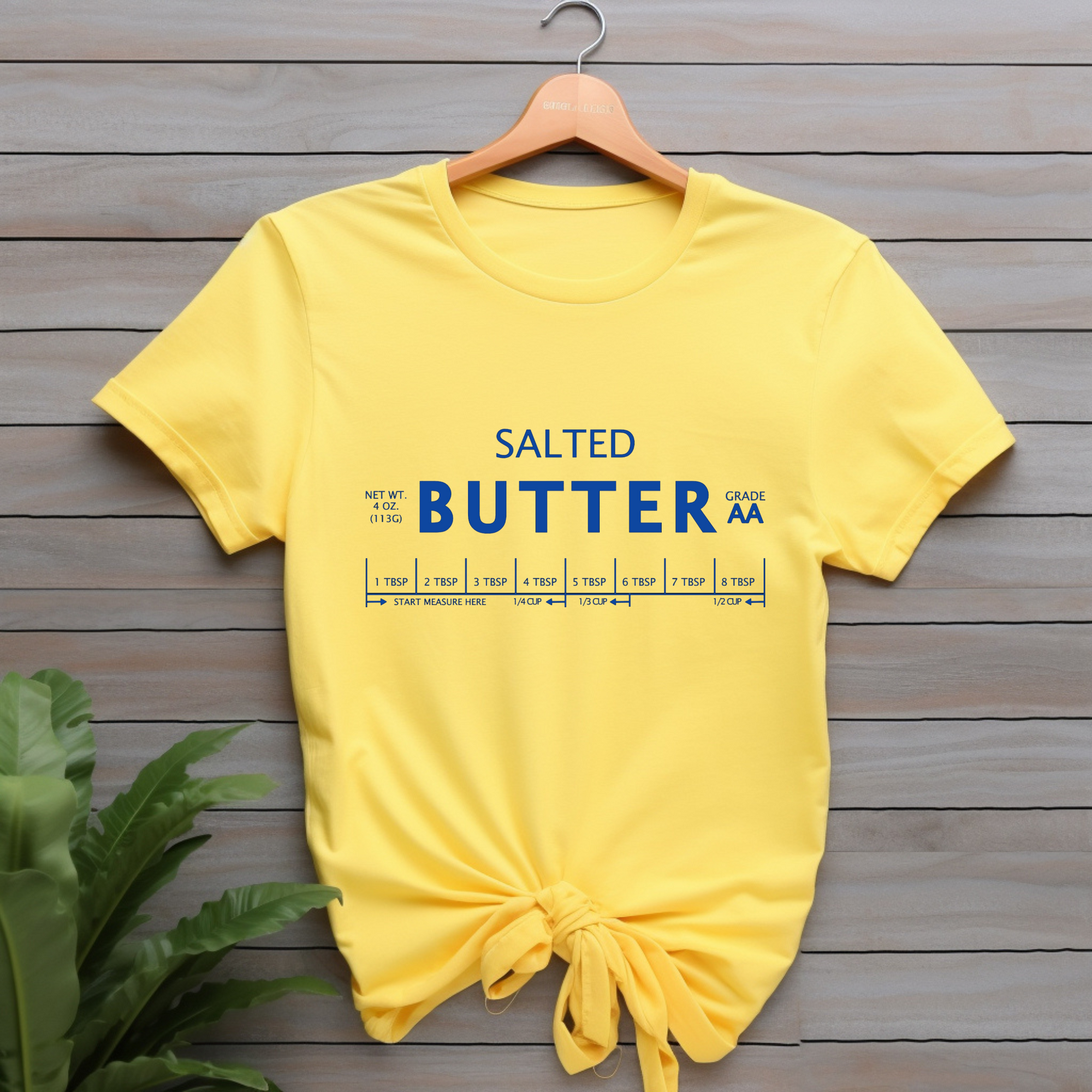 Salted Butter Label Shirt on a Yellow Shirt