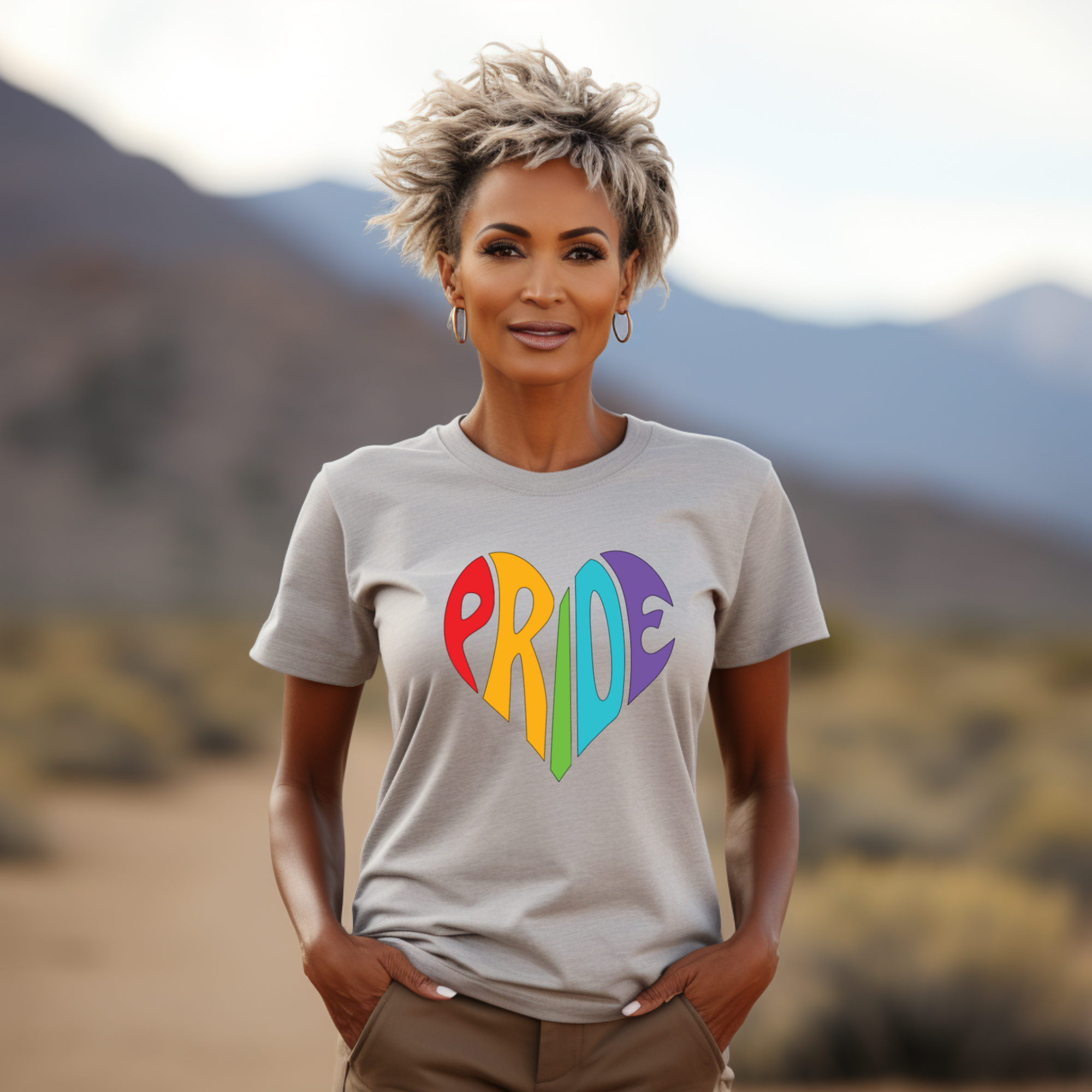 Person wearing a 'PRIDE' t-shirt with colorful letters in a heart shape, standing in a desert landscape.