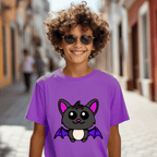 Child wearing a purple t-shirt with a bat design on a street background