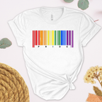 White t-shirt with rainbow barcode and 'PRIDE' text on a light background