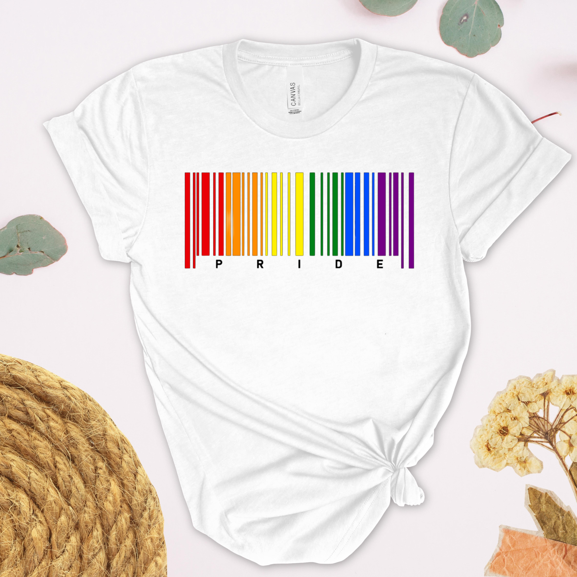 White t-shirt with rainbow barcode and 'PRIDE' text on a light background