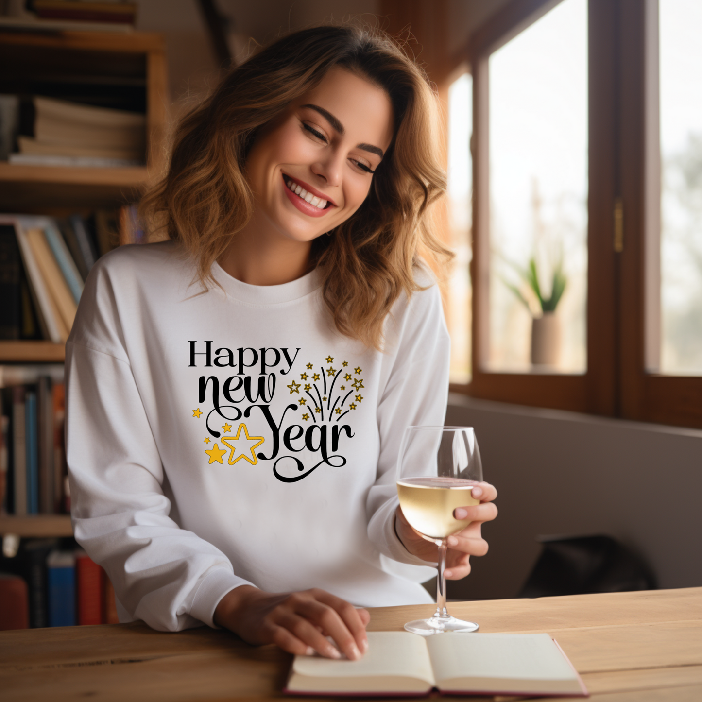 Happy New Year Sweatshirt with Gold Stars and Fireworks