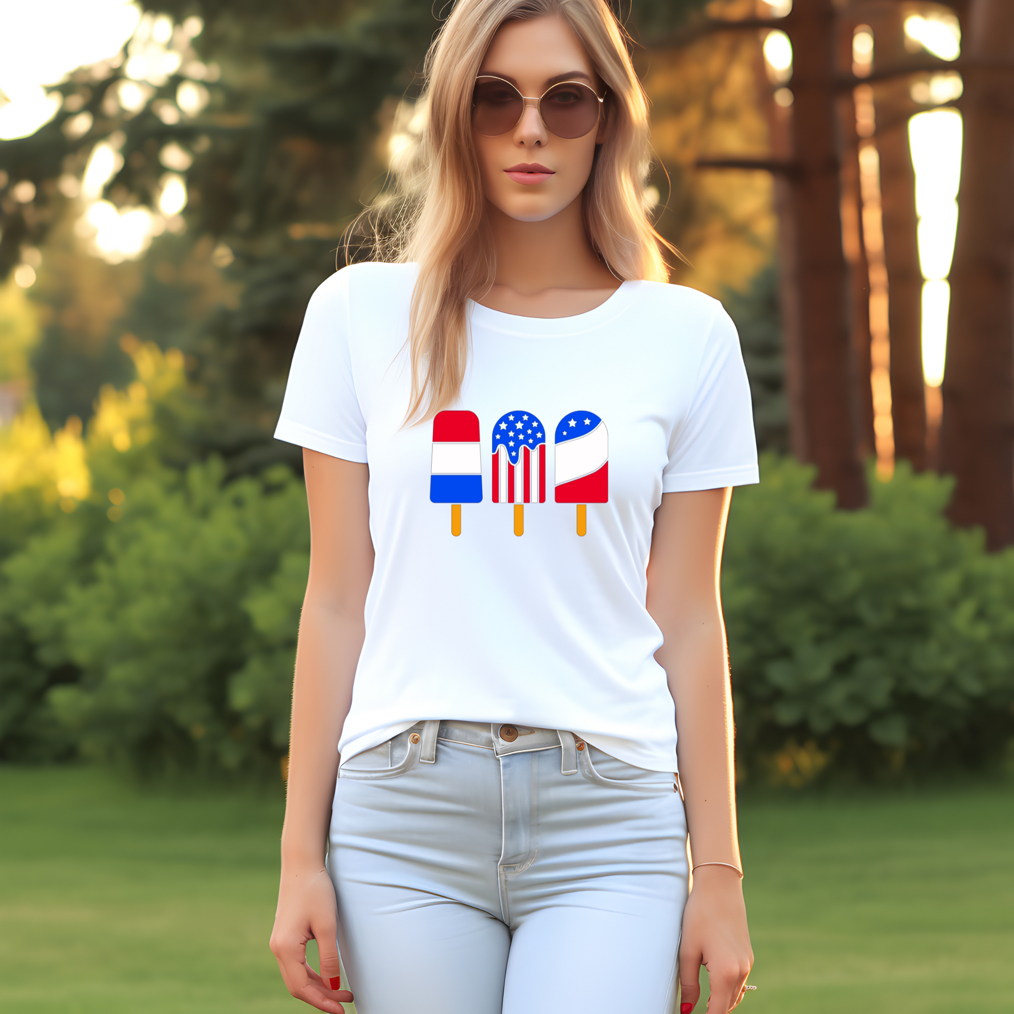 Woman wearing a white t-shirt with colorful graphic design outdoors