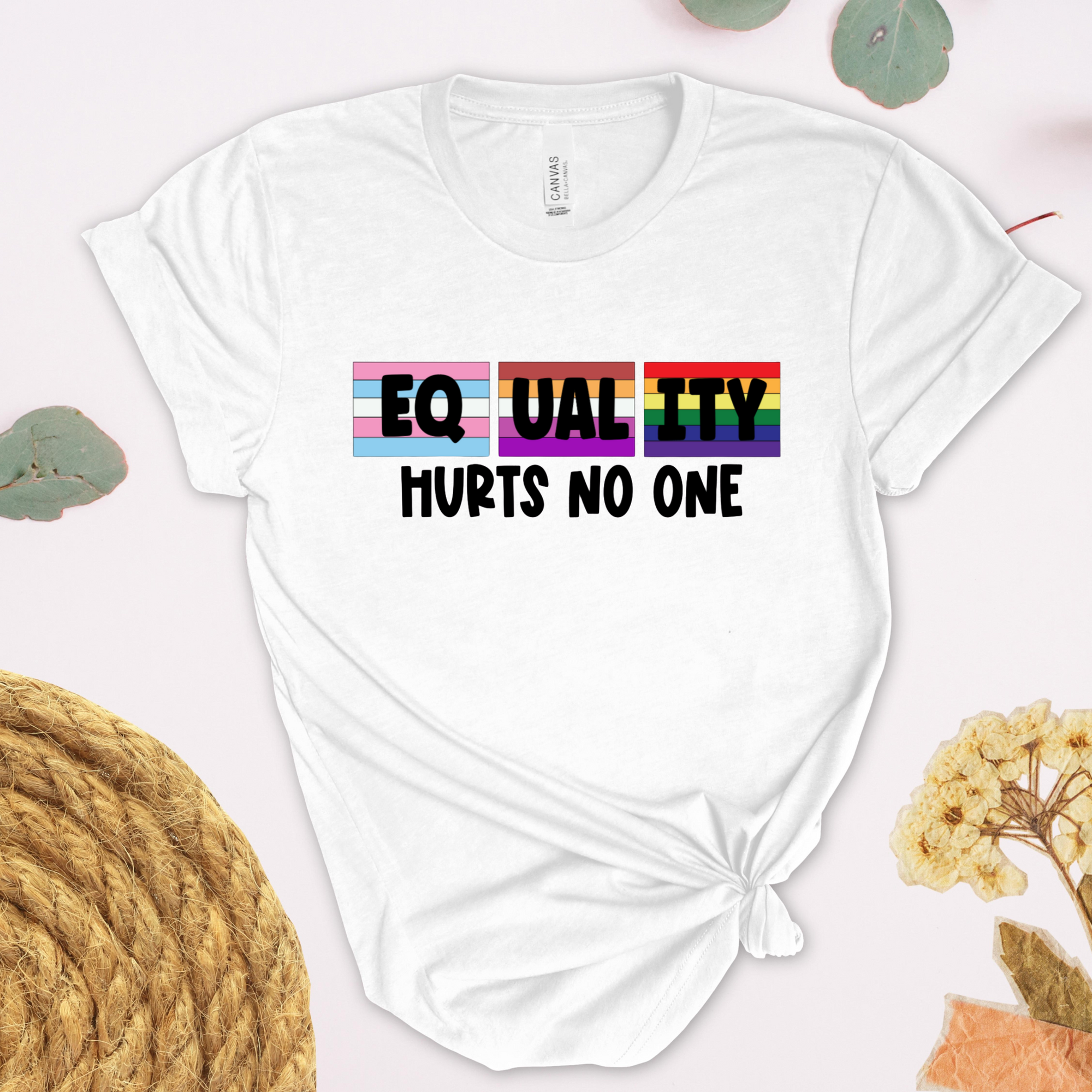 White t-shirt with 'EQUALITY Hurts No One' text and rainbow flag design on a light background.