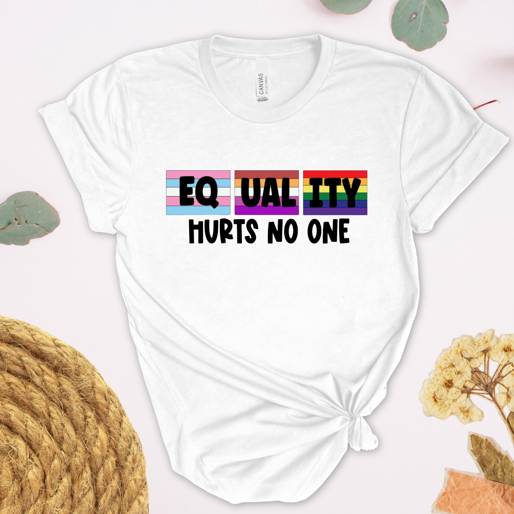 White t-shirt with 'EQUALITY Hurts No One' text and rainbow flag design on a light background.