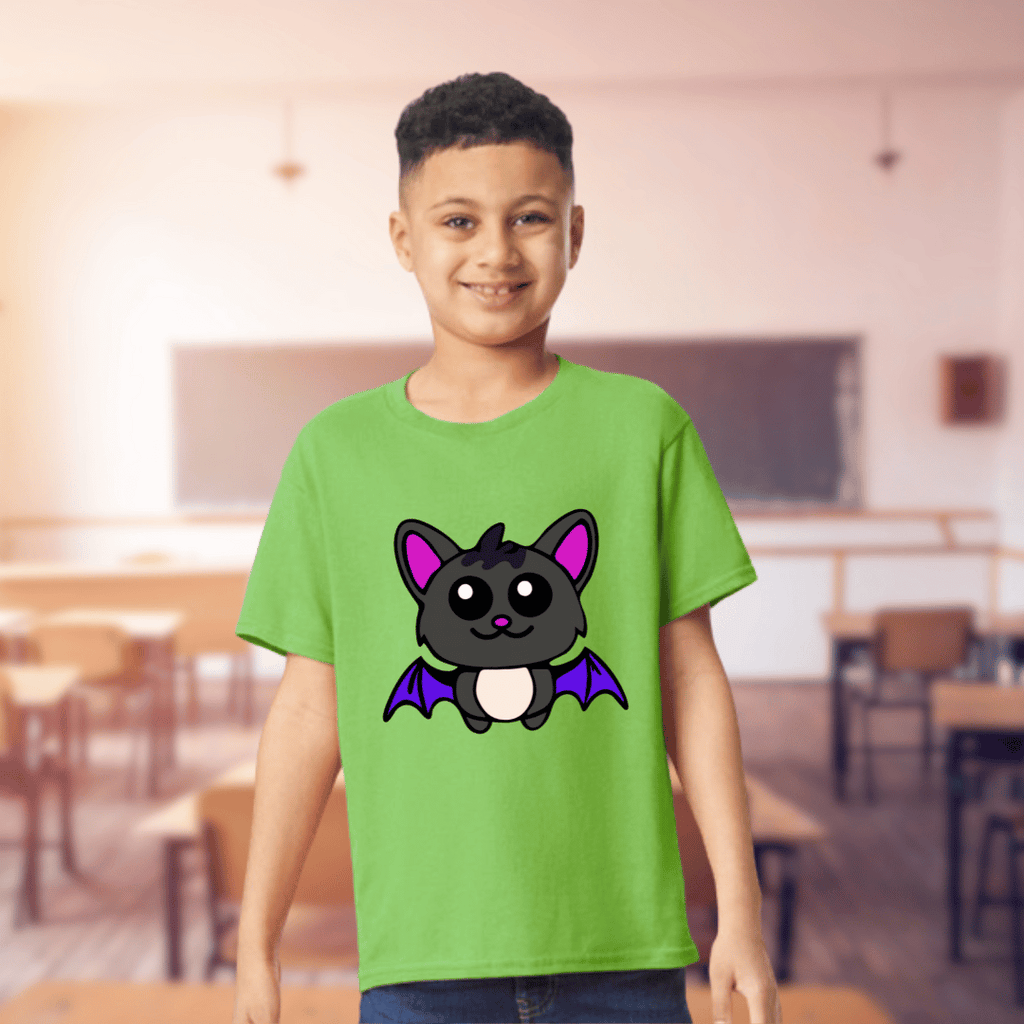 Child wearing a green t-shirt with a cartoon cat design in a classroom setting