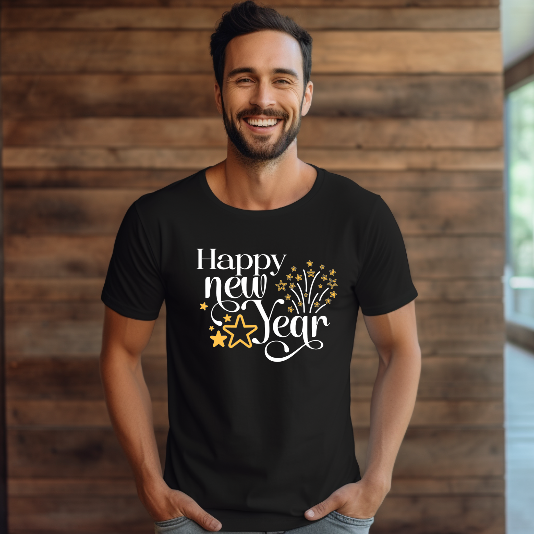 Happy New Year Glitter Stars Party T-Shirt - Festive NYE Unisex Tee