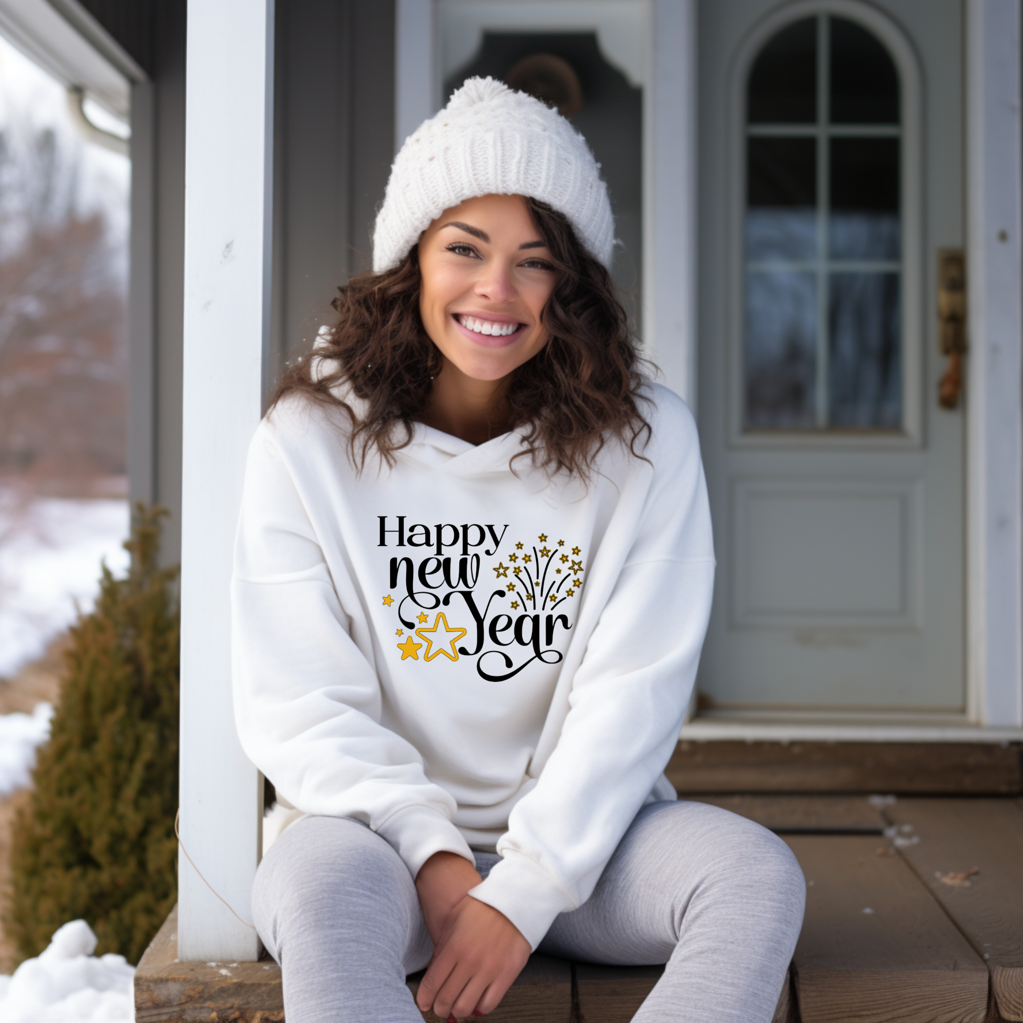 Happy New Year Hoodie with Gold Stars and Fireworks